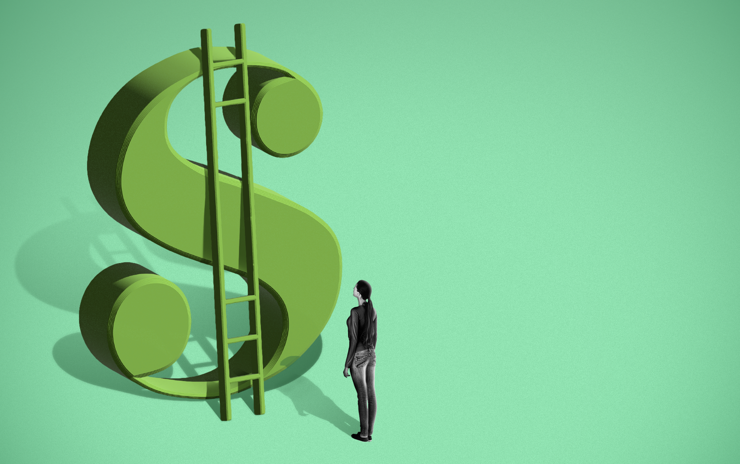 A woman stands in front of a large green dollar sign sculpture with a ladder leaning against it, on a green background.