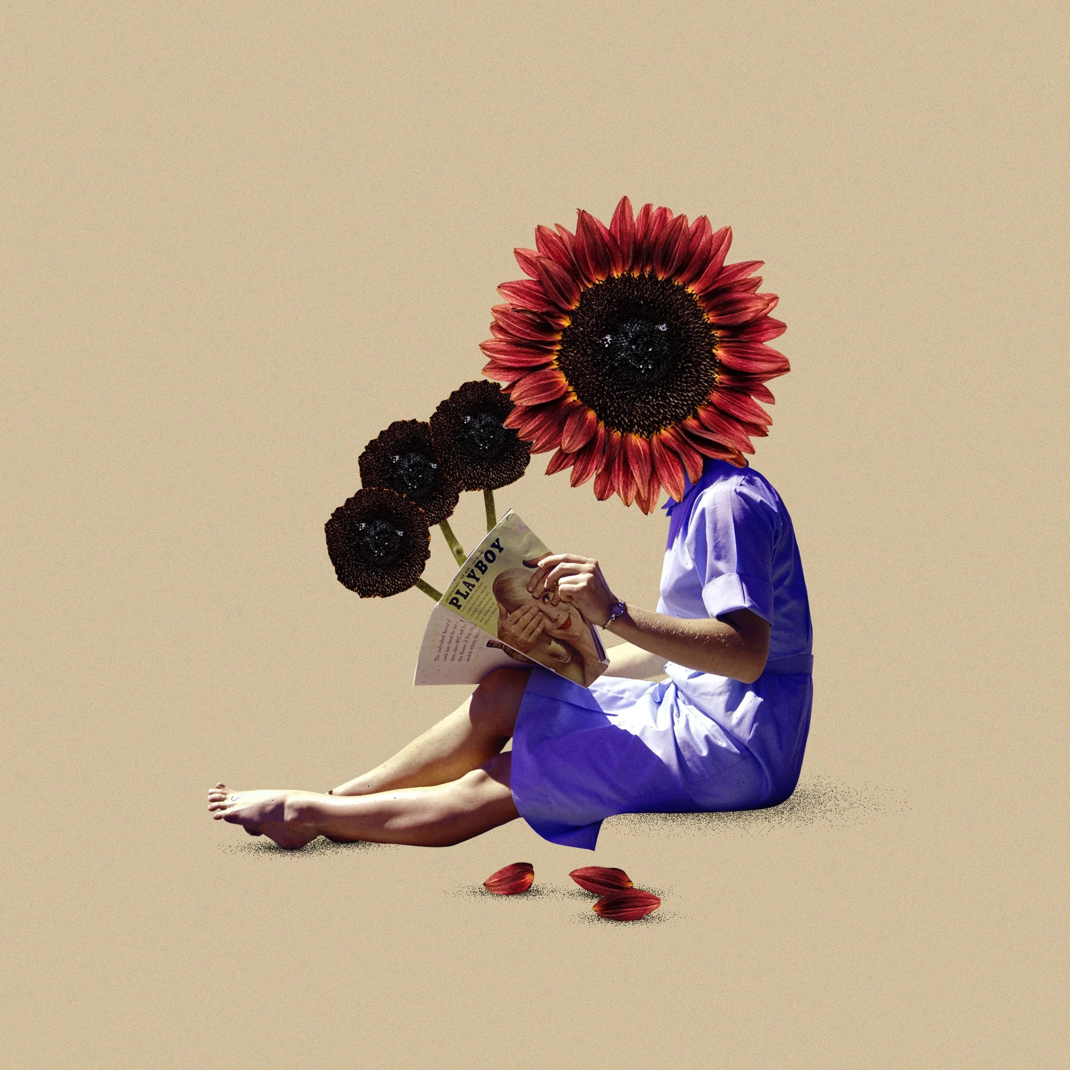 A person dressed as a nurse sitting cross-legged, holding a newspaper and a bouquet of flowers against a plain beige background.