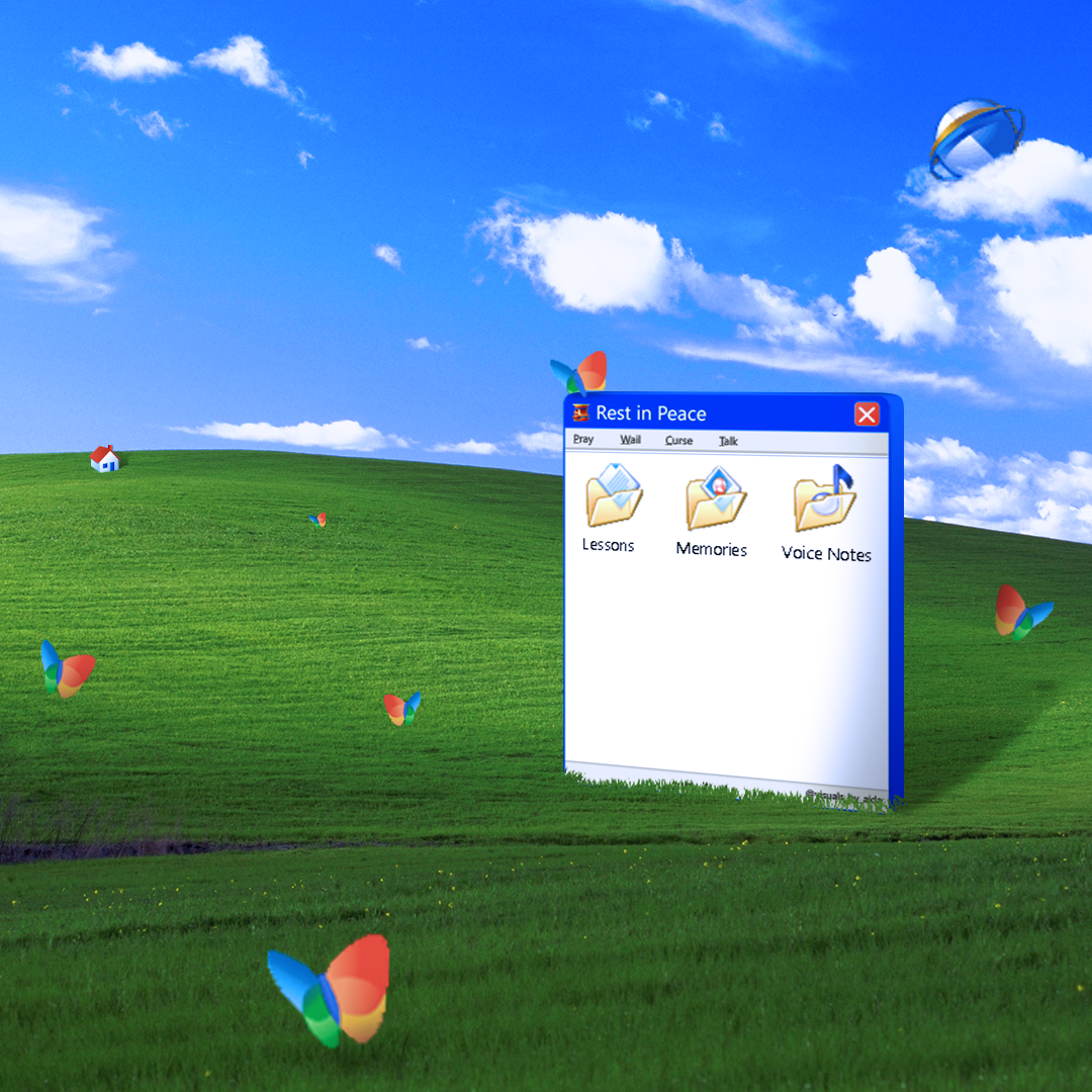 A Windows XP desktop with a 'Rest in Peace' program window titled 'Pray, Wail, Curse, Talk' and folders labeled 'Lessons,' 'Memories,' and 'Voice Notes.' The background features a grassy hill, blue sky with clouds, and multiple colorful butterflies f