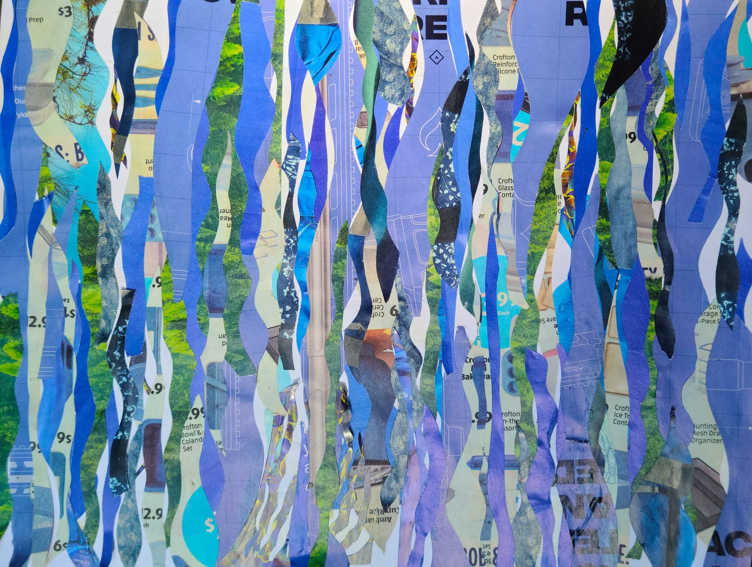 A collage of torn pieces of paper with maps, images, and text, arranged vertically in a wavy pattern.