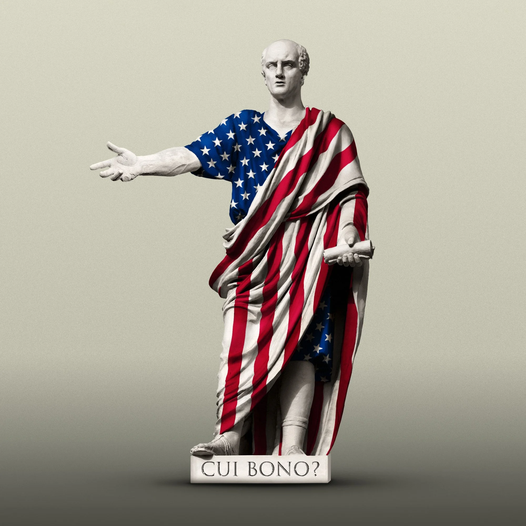 Statue of a man wearing a robe with the American flag design. The statue's right arm is extended outward. There is a small plaque near the base with partially visible text in Italian.