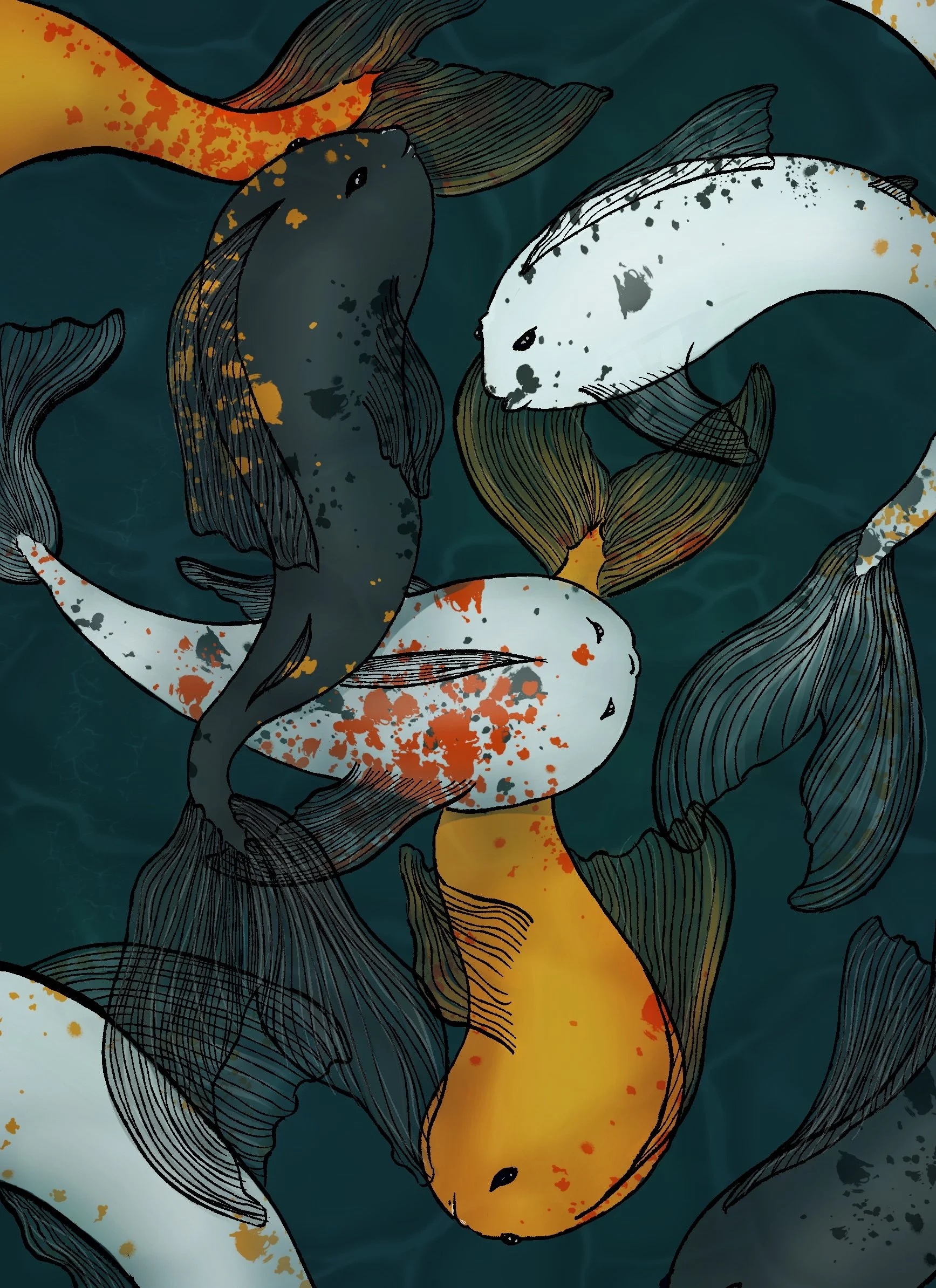 An artistic illustration of several koi fish swimming in dark water, featuring colors like white, orange, black, and grey with splattered paint effects.