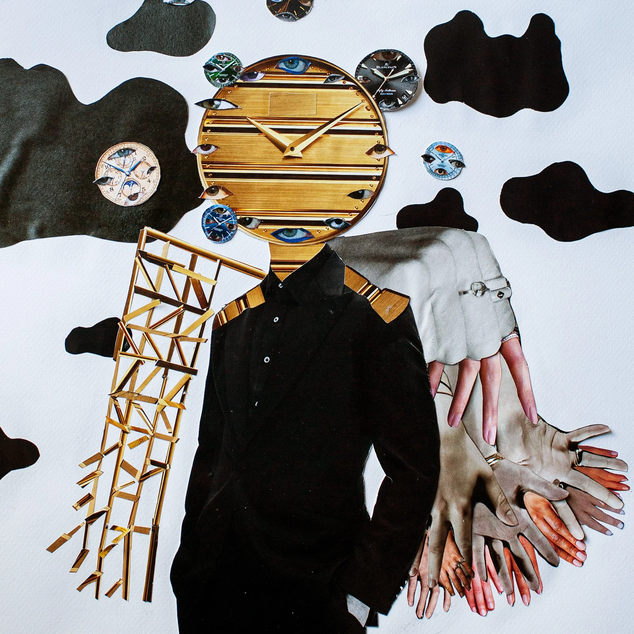Artwork featuring a man in a suit with various clocks and watch faces, some with eyes, surrounding him on a white background with black abstract cloud shapes and a ladder.