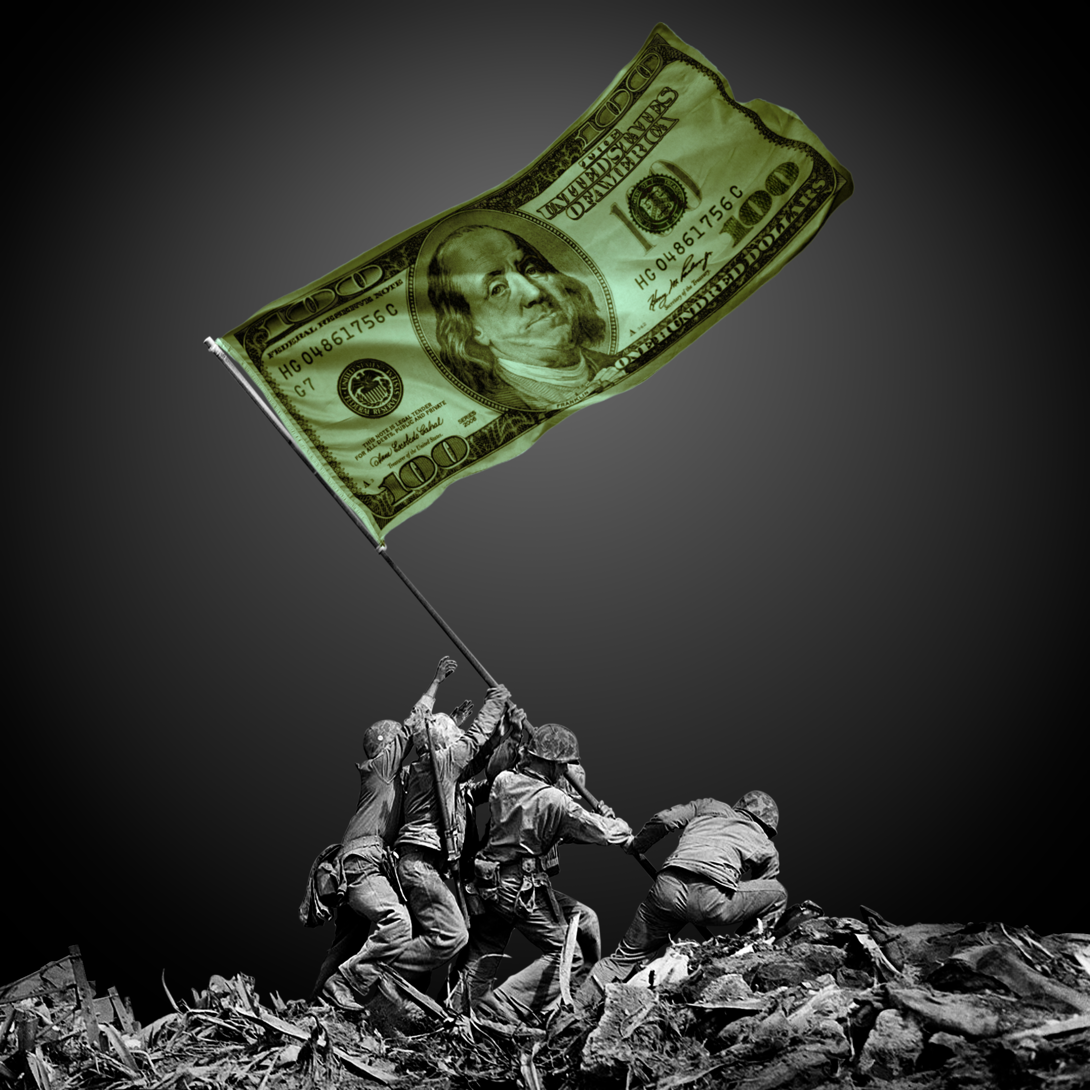 A group of people in military gear climbing on rocks, holding a large flag shaped like a hundred-dollar bill.