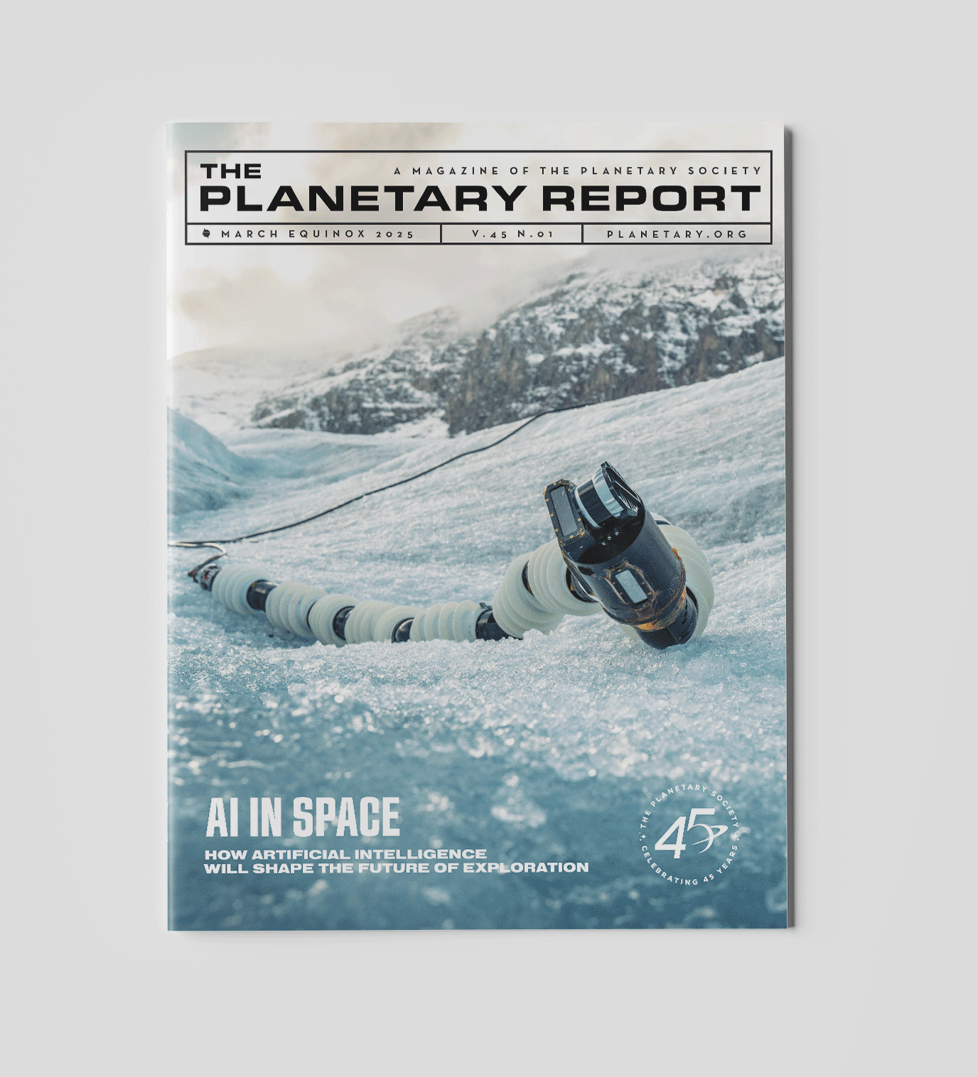 Cover of a magazine titled 'The Planetary Report' featuring a robotic exploration device on icy terrain with mountains in the background. The cover has headlines about AI in space and artificial intelligence shaping future exploration.