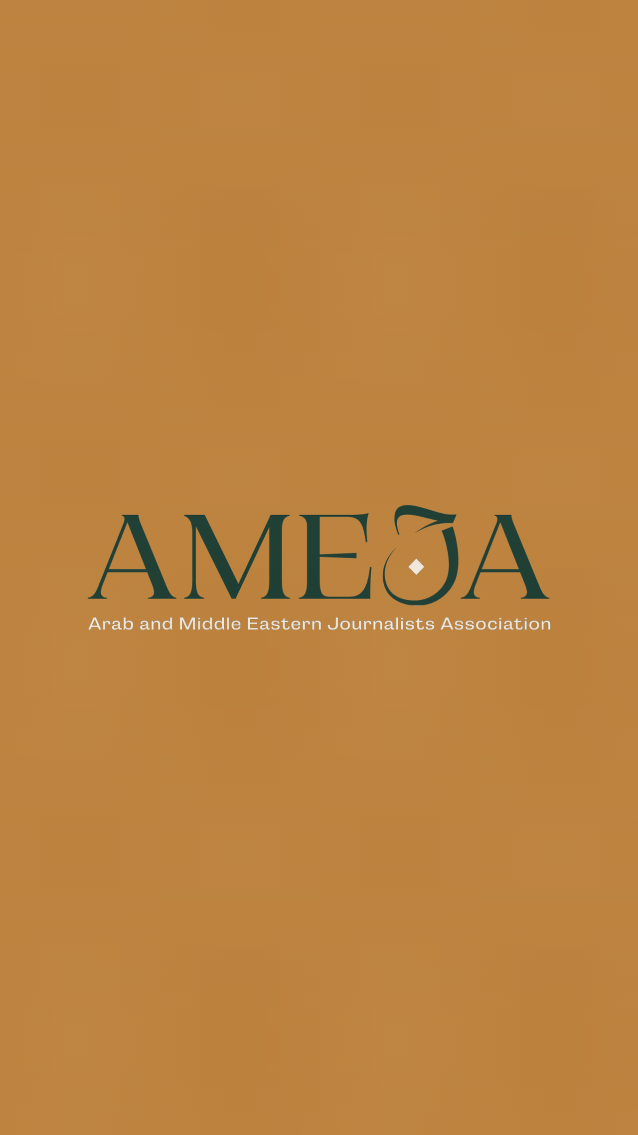 Cover page of a publication titled 'AMEJA' with the subtitle 'Arab and Middle Eastern Journalists Association' on a brown background.