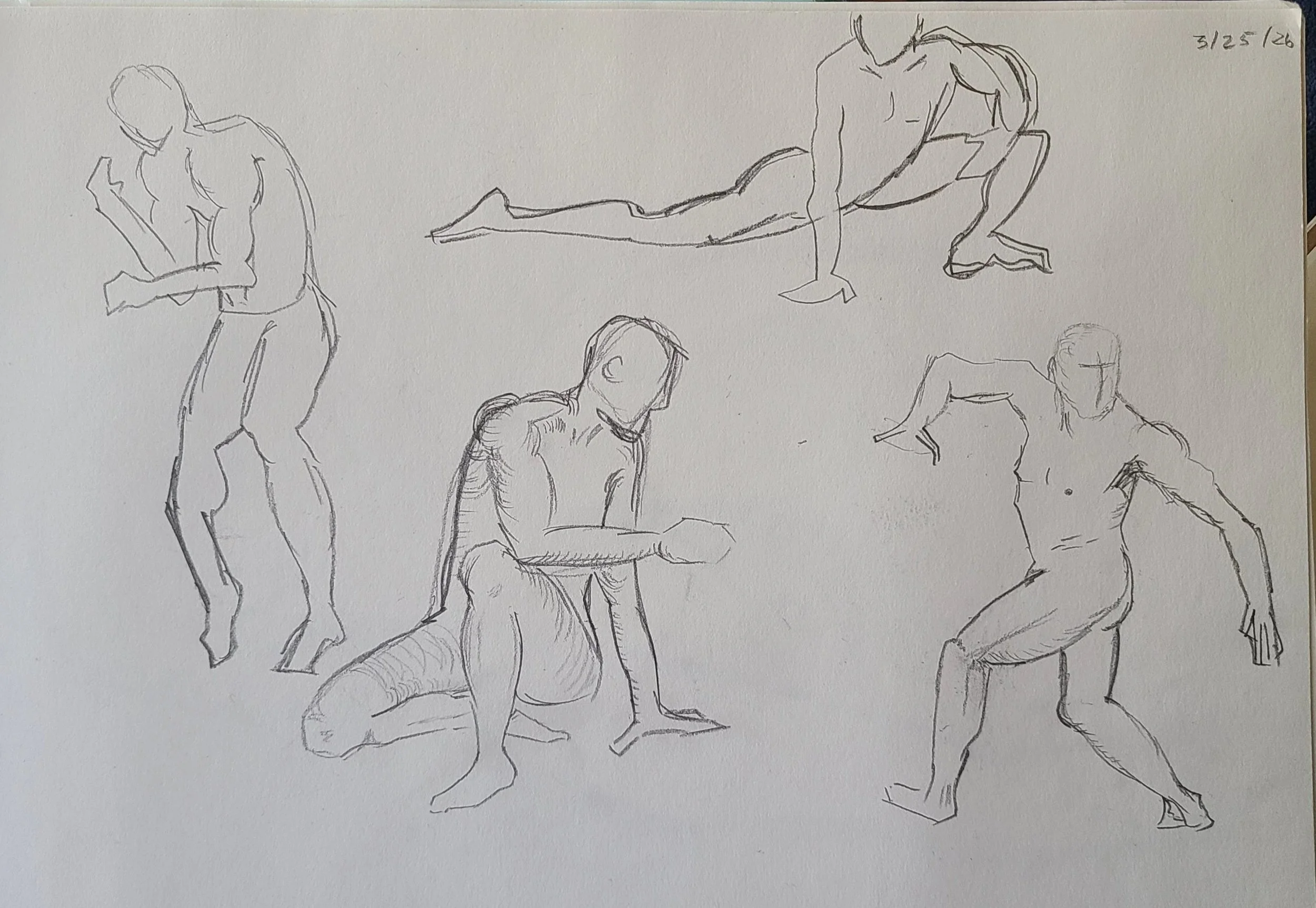 A series of quick, loose sketches of nude human figures in various poses, with some seated or kneeling, and one standing with arms raised, drawn with simple lines on white paper. The date 3/25/126 is written in the upper right corner.