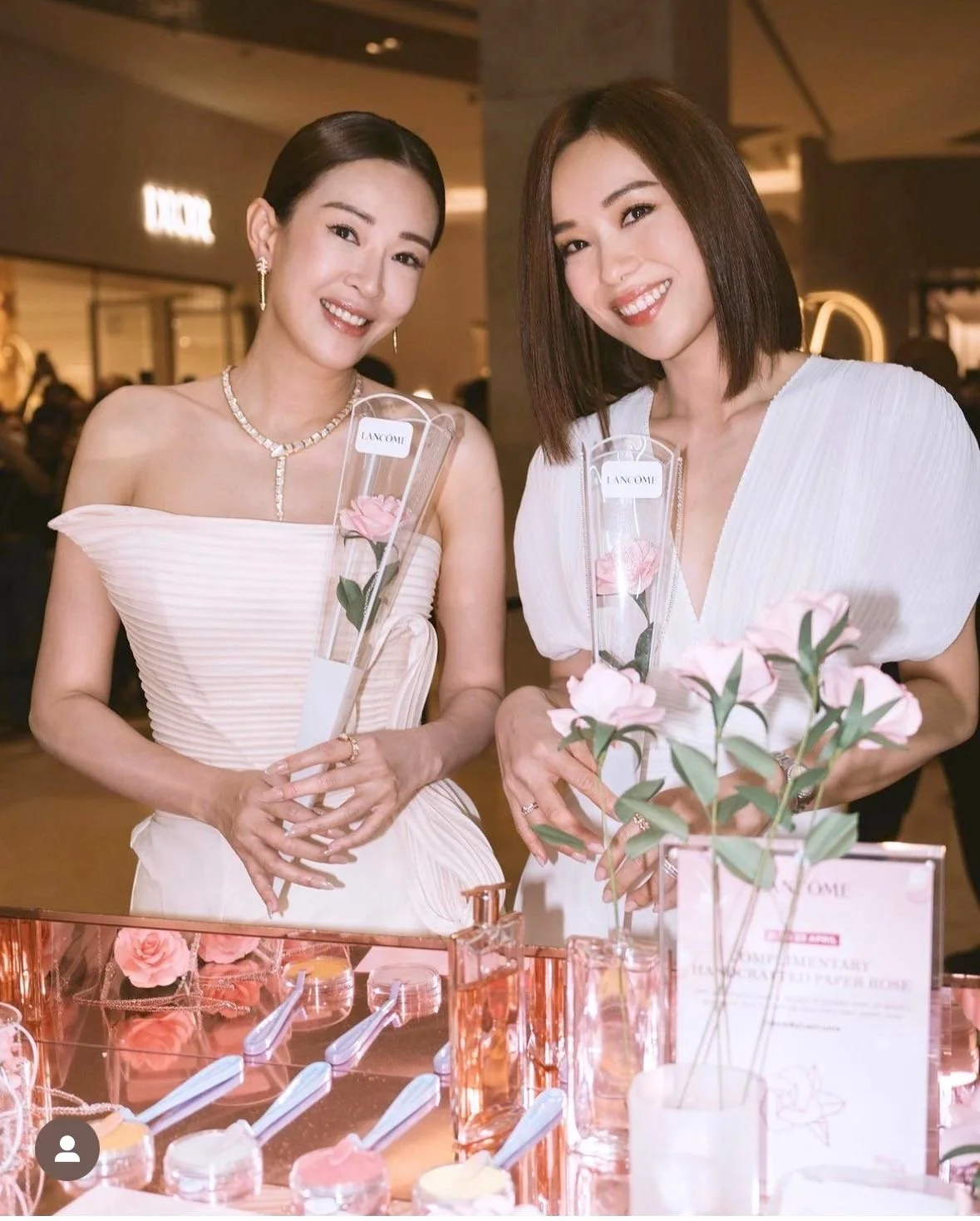 Singapore actresses posing with Merremade handmade roses at Lancome Singapore event.