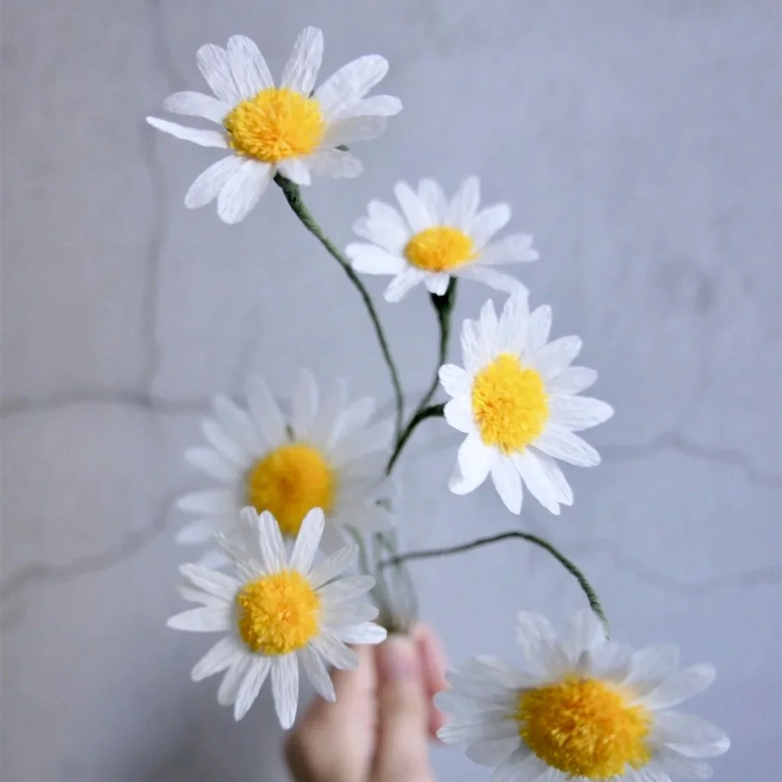 A bouquet of realistic paper daisies handmade by Jasmine Sing, paper artist from Merremade.