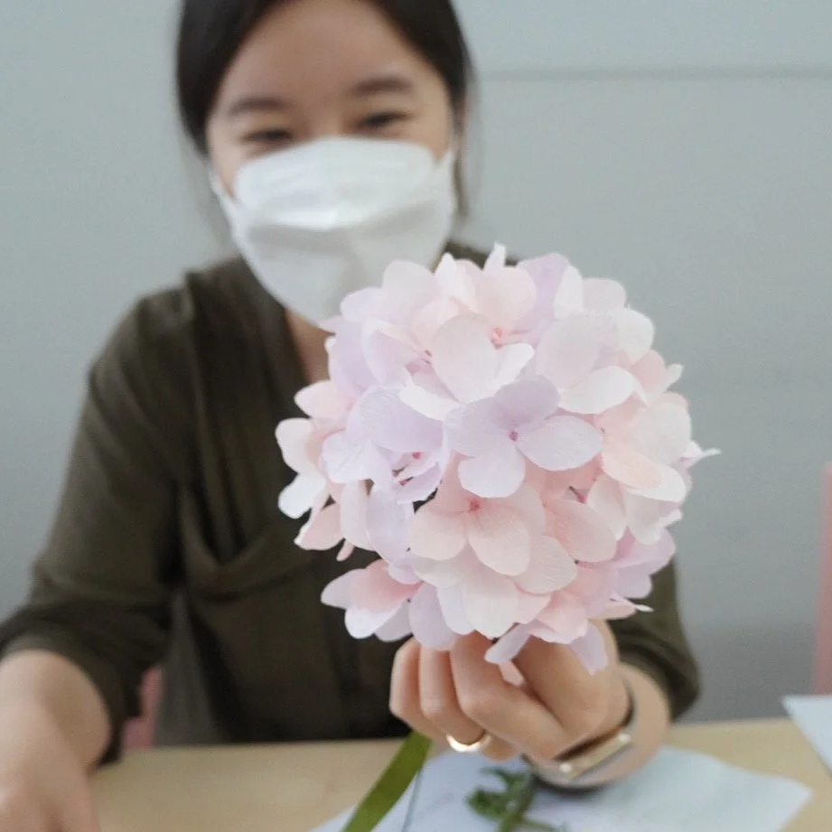 Merremade student holding a handmade pink paper hydrangea flower made during a private workshop in Seoul, Korea.