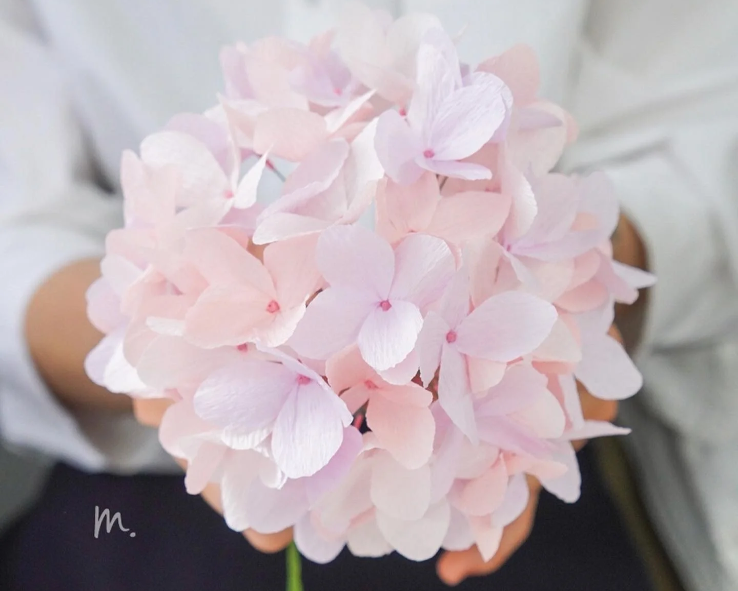 Merremade student holding a bouquet of light pink handmade paper hydrangea flowers.