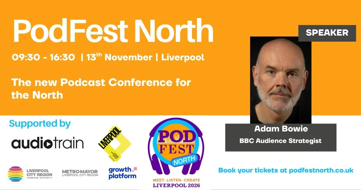 We're very excited to be able to welcome Adam Bowie to PodFest North!
🎧 Do you want to know who listens to podcasts? 👥
🔎 How do you find out accurately how many listeners you may have? 📊
📈 Are the podcast listener charts changing? 🔄
🚀 Could a 
