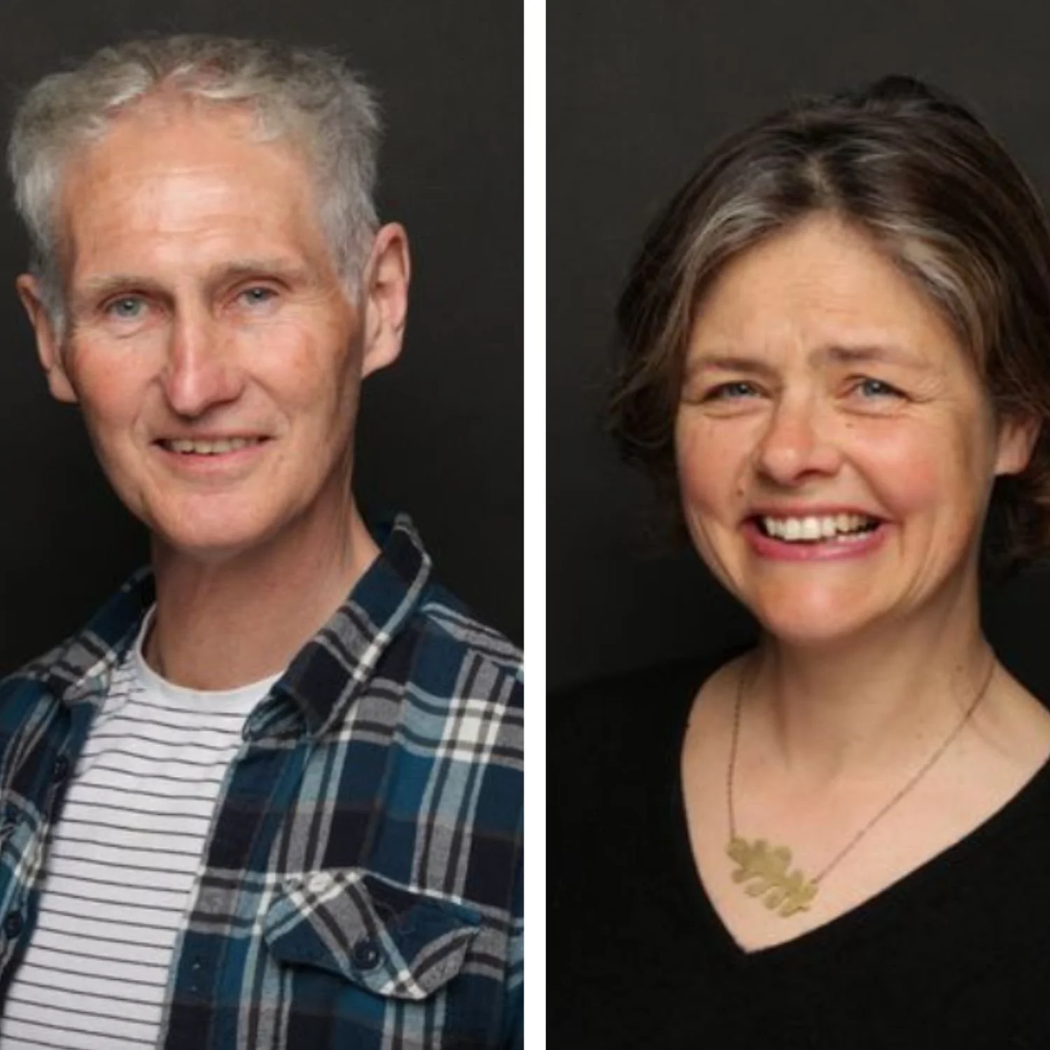 A split image showing a man on the left with short gray hair, wearing a plaid shirt over a striped t-shirt, and a woman on the right with short brown hair, smiling, wearing a black top and gold jewelry, against a black background.