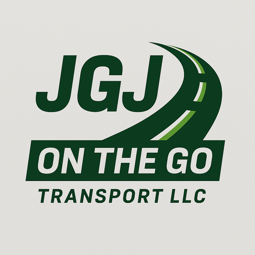 Logo for JGJ on the Go Transport LLC featuring a stylized green roadway curved to the right with white and green lines, and text in green and white.