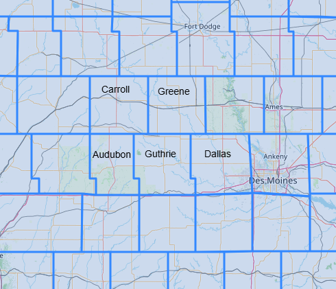 Map showing counties in Iowa including Carroll, Greene, Audubon, Guthrie, Dallas, and Des Moines.