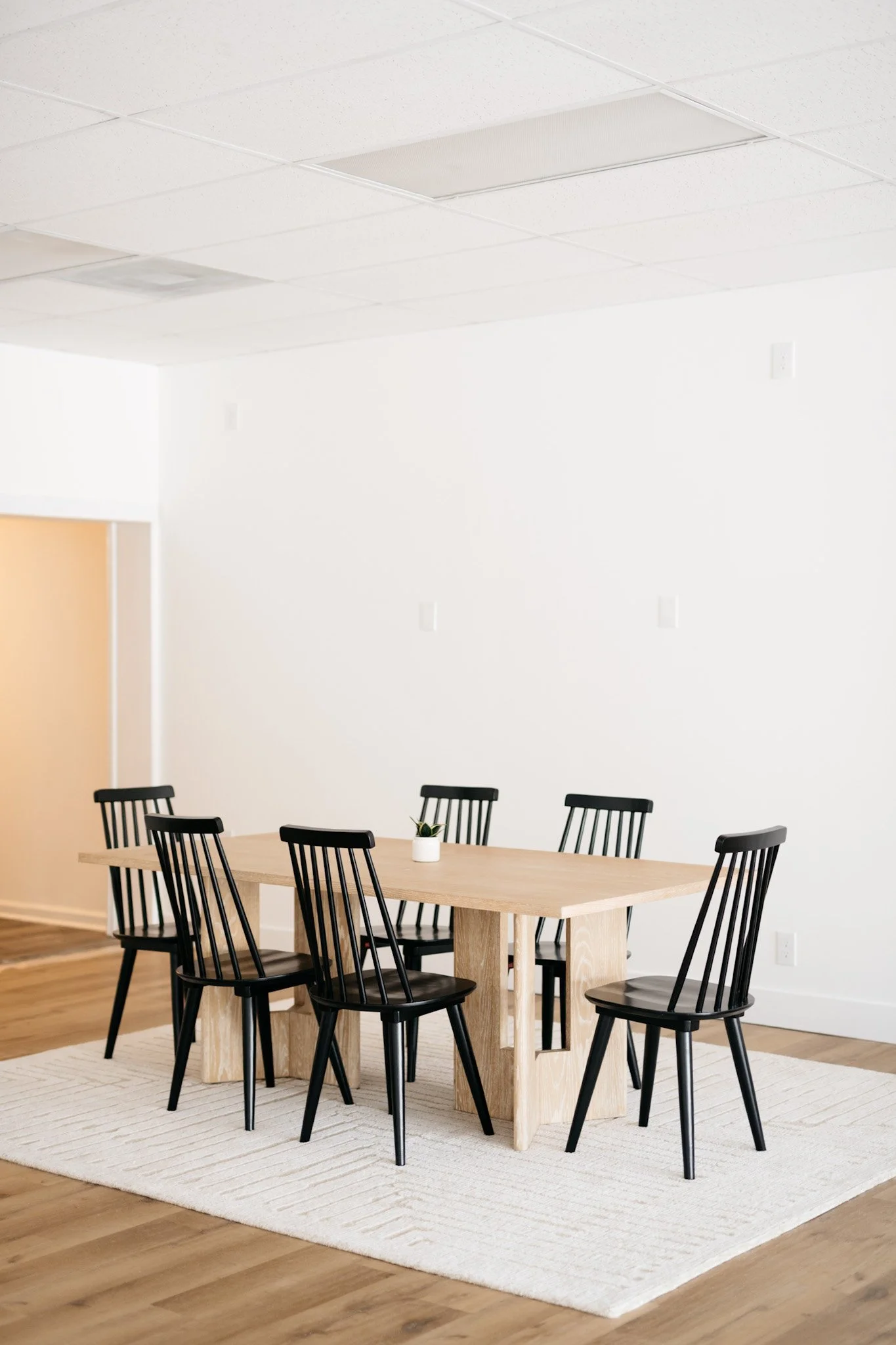 A dining or conference room set with a wooden table, black chairs, beige rug, and clean white walls.  Move decor and plants into the frame to complete the aesthetic.