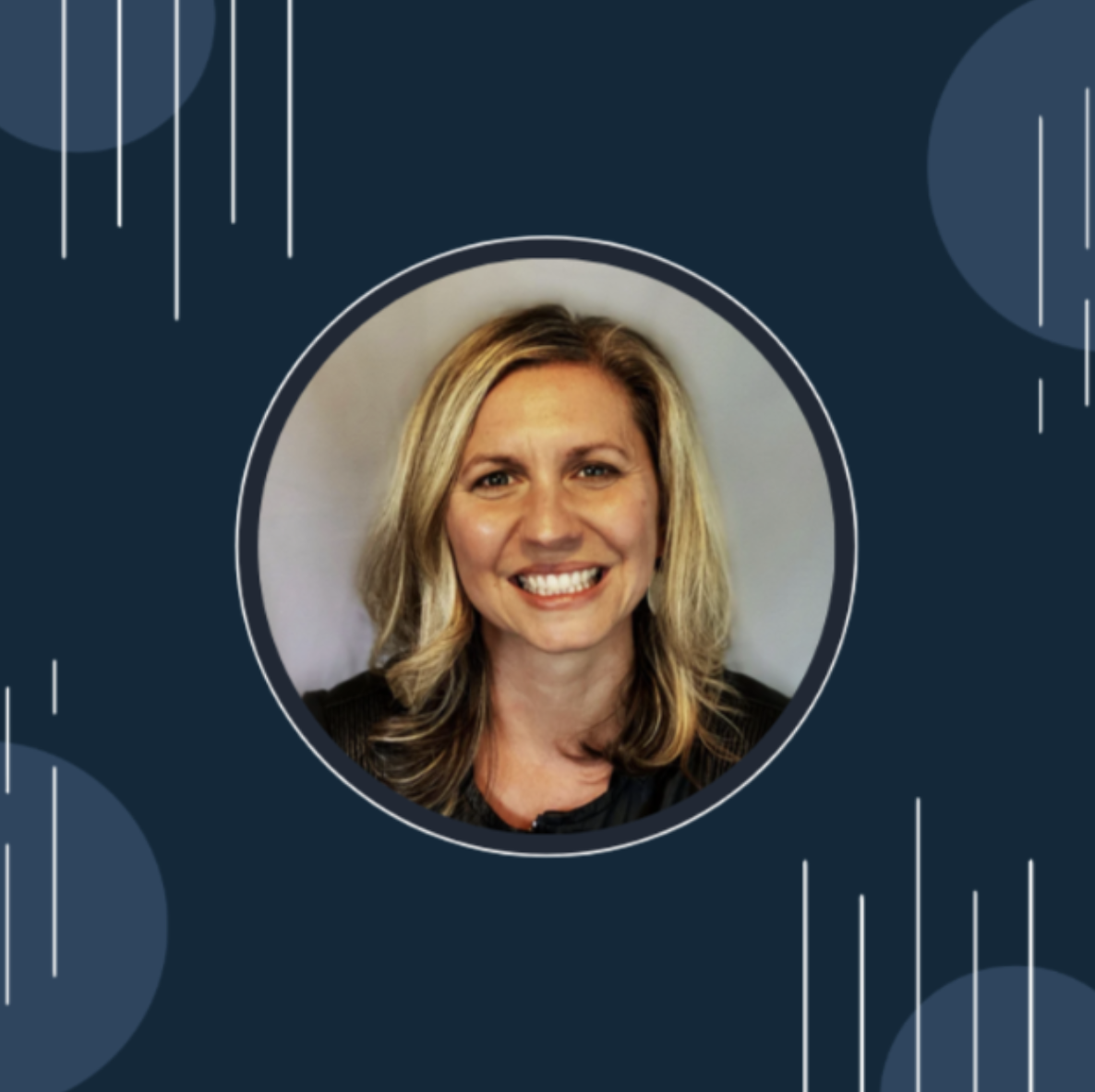 Heather Richer headshot in blue graphic frame