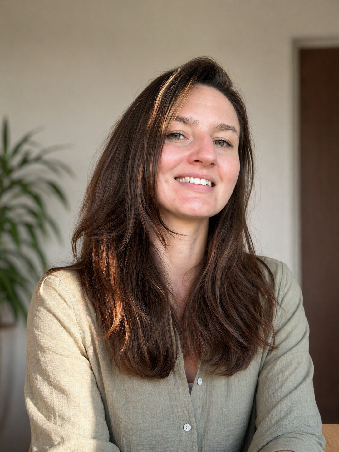 Frau mit langen, brauen Haare lächelt.