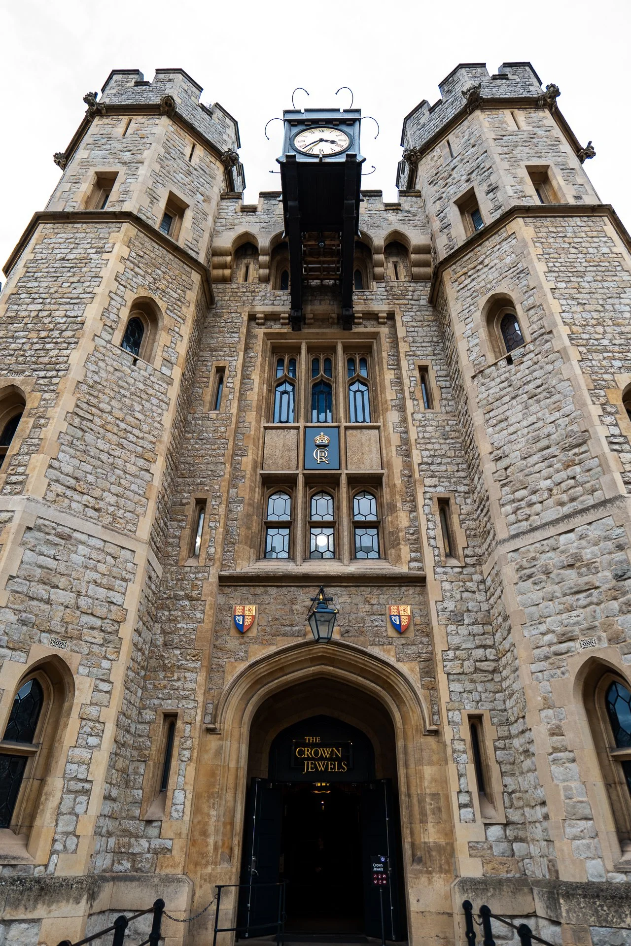 Tower of London entrance to the Jewel House with clock above the archway.