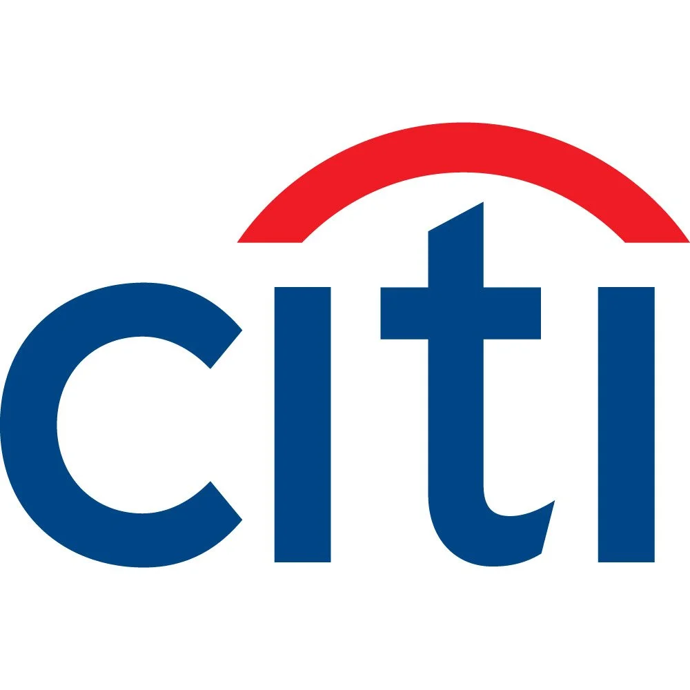 Logo of Citi bank with stylized blue text and a red arc above the letter T.