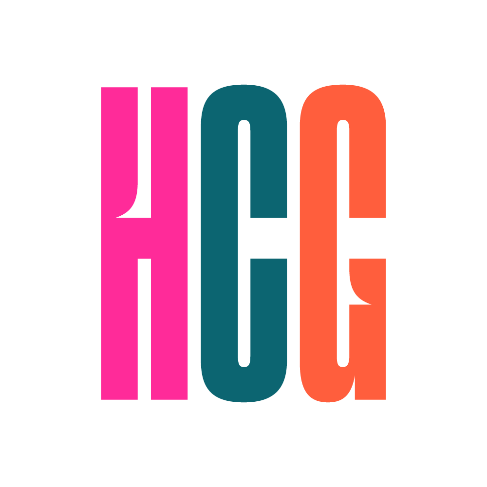 Colorful text spelling 'HCG' in pink, teal, and orange on a black background.