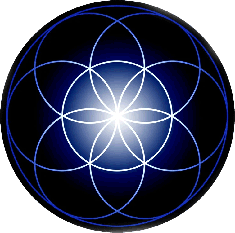 A digital illustration of interconnected geometric circles forming a symmetrical pattern with a glowing center, set against a black background.