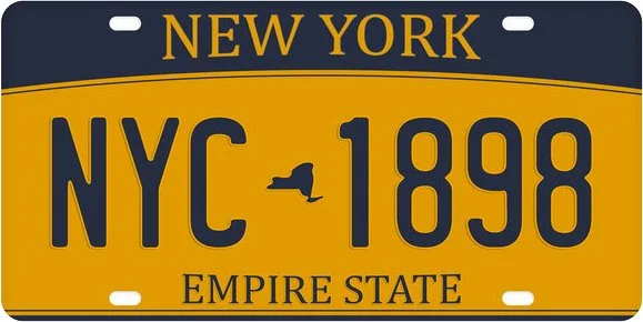 Vintage New York license plate with yellow background, blue text, and a silhouette of the state of New York between 'NYC' and '1898', with 'NEW YORK' at the top and 'EMPIRE STATE' at the bottom.