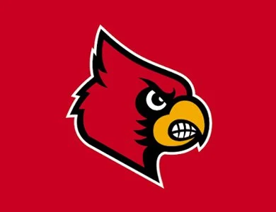 The logo of the Louisville Cardinals featuring a stylized cardinal bird with a fierce expression on a red background.