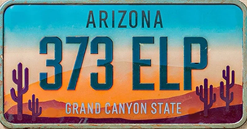 Arizona license plate reading 373 ELP with desert landscape and cacti in the background.
