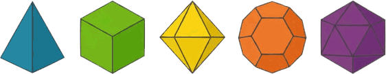 Lineup of six colorful geometric shapes: blue triangle, green cube, yellow tetrahedron, orange dodecagon, purple pentagonal pyramid, and purple icosahedral shape.