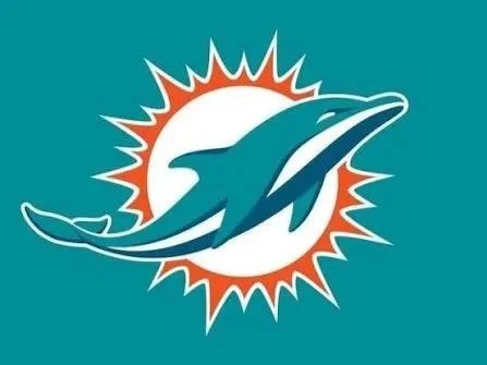 Miami Dolphins logo with a dolphin jumping in front of a stylized sunburst.