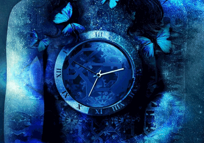 A digital art image featuring a blue clock surrounded by blue butterflies, with a mystical, starry background and a woman's silhouette with flowing hair.