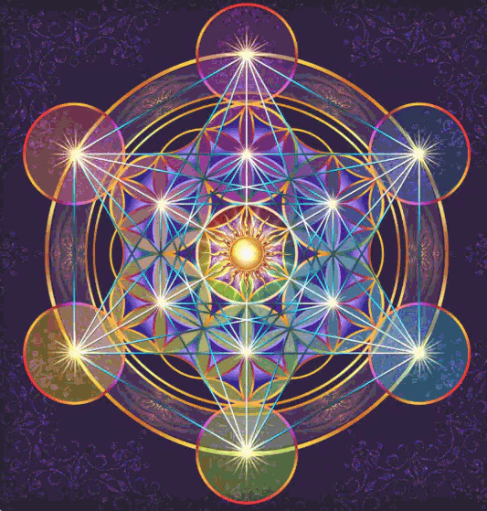 A colorful geometric sacred geometry pattern with interconnected circles and star-like shapes, glowing with luminous effects on a dark background.