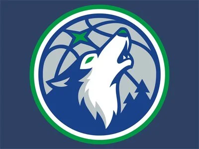 The logo of the Minnesota Timberwolves featuring a stylized wolf howling with a star, basketball elements, and green, navy, and white colors.