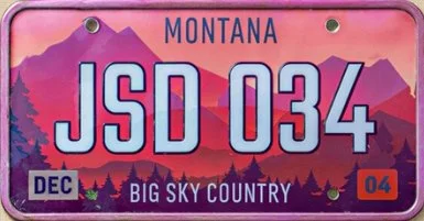 Montana license plate with pink and purple colors, reading JSD 034, December, Big Sky Country, and 04.