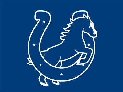 A white outline of a horseshoe with a horse's head inside on a blue background.