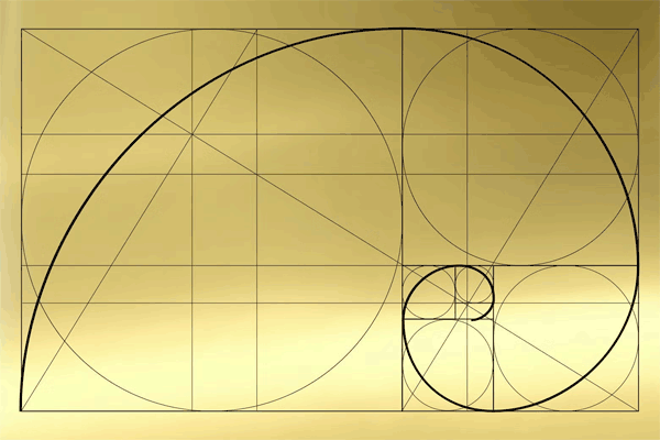 A golden-colored background with a series of overlaid geometric shapes including squares, triangles, and multiple spirals and circles, resembling the Fibonacci sequence or golden ratio.