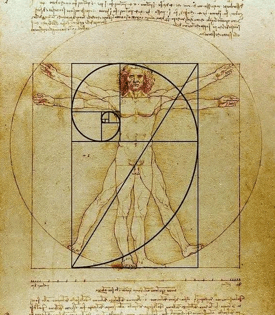 A sketch of Leonardo da Vinci's Vitruvian Man, showing a man in two superimposed positions with geometric proportions, inscribed in both a circle and a square.