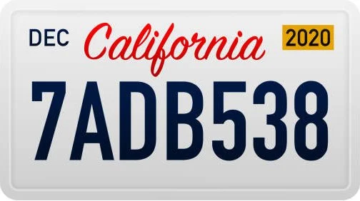 California license plate with registration month December, year 2020, and alphanumeric code 7AD8538.