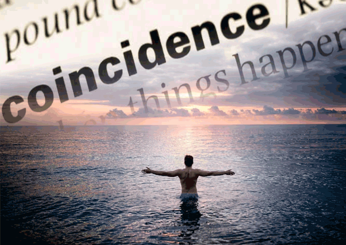 A person standing in the ocean facing the sunset with arms outstretched, overlaid with the words 'coincidence' and 'things happen' in a tilted perspective.