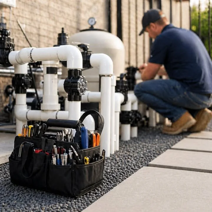 A pool technician performing pool equipment repair.