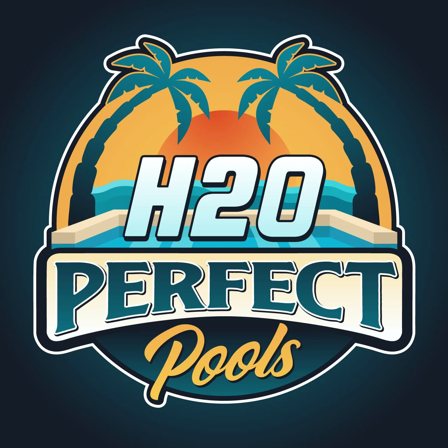 Graphic logo of a swimming pool with palm trees, sunset, and ocean waves, with the text 'H20 Perfect Pools'