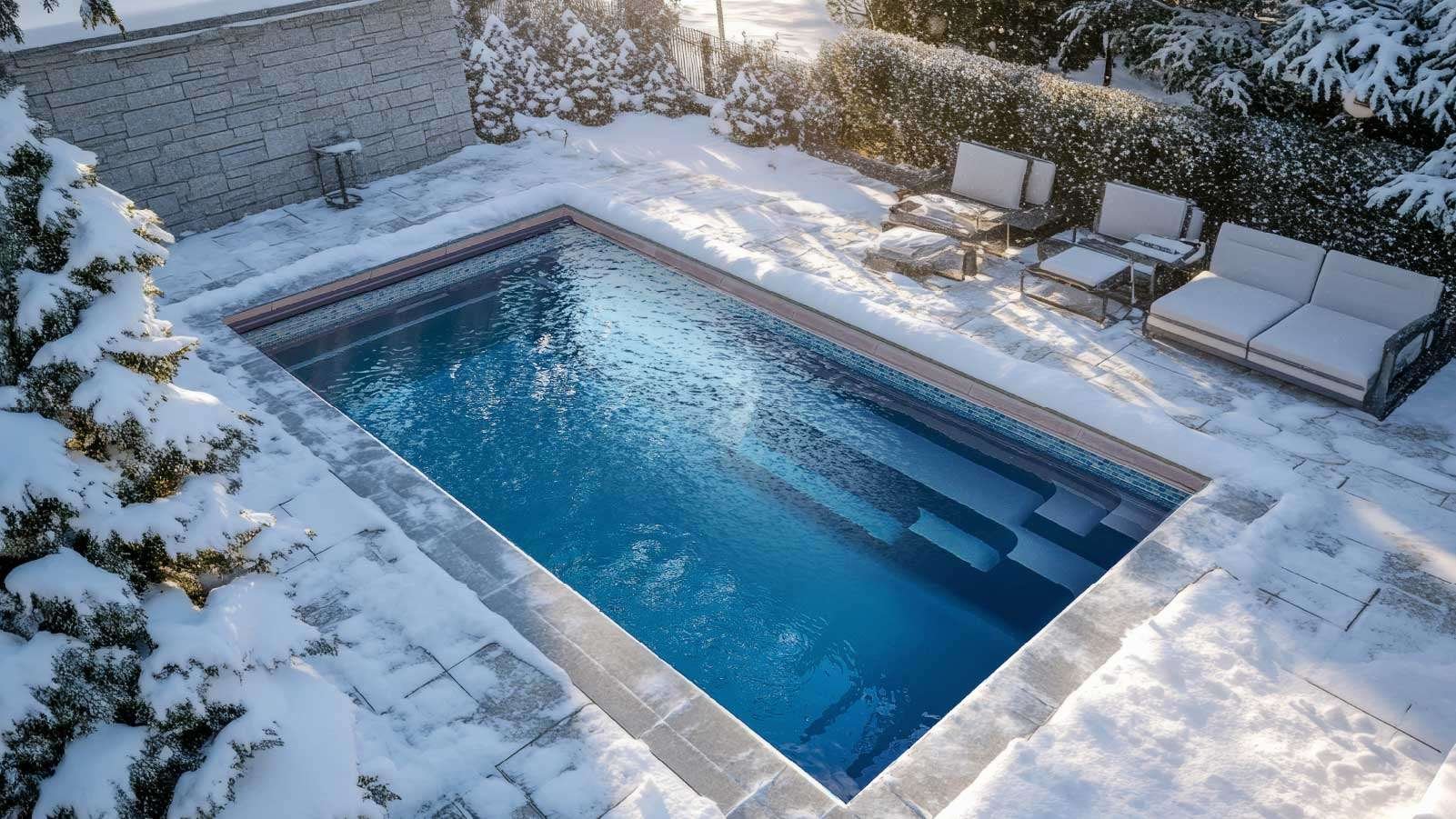 A backyard swimming pool surrounded by snow, with outdoor furniture including a cushioned sofa and chairs, and snow-covered trees and bushes in the background.