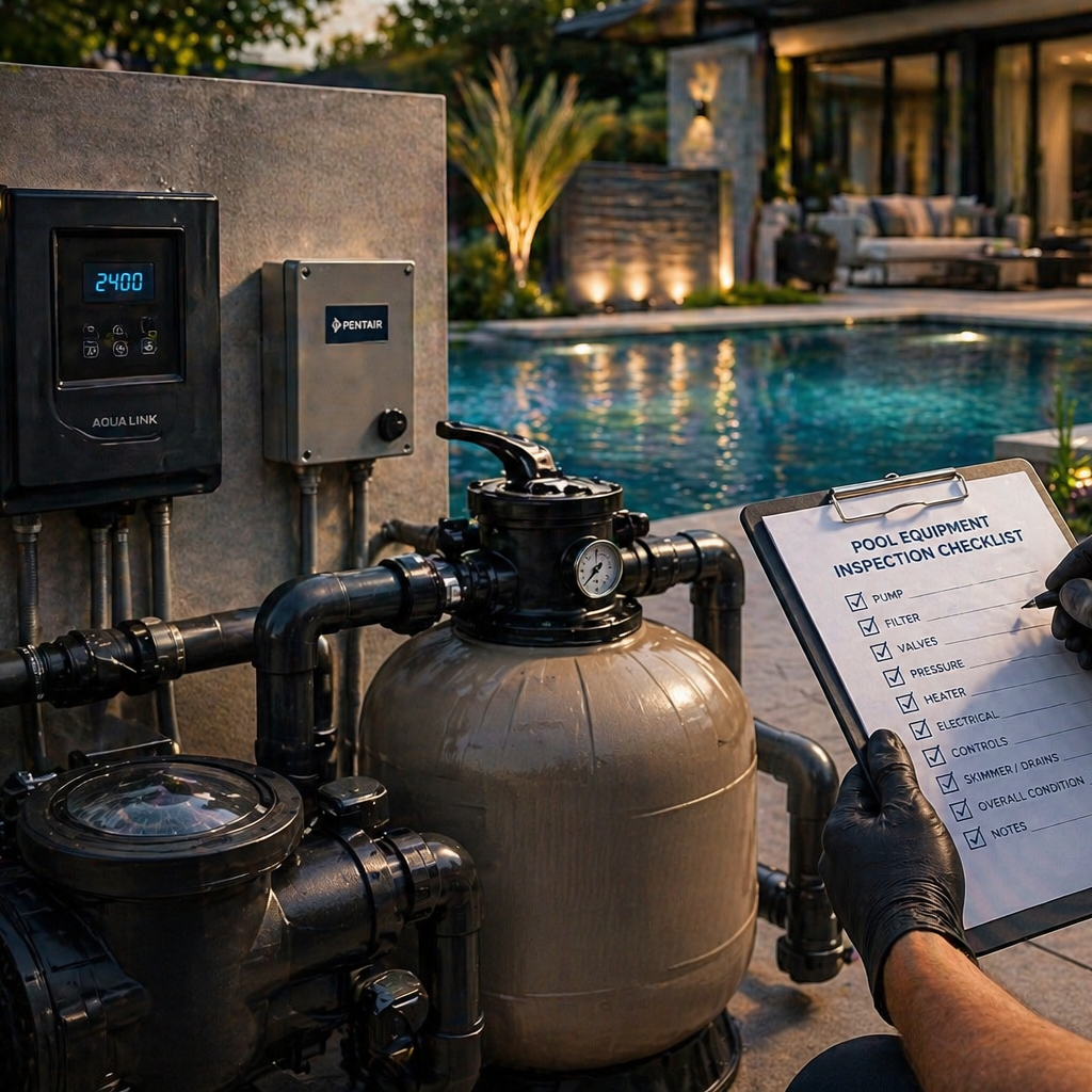 Person with a pool equipment inspection checklist, performing a pool equipment inspection.