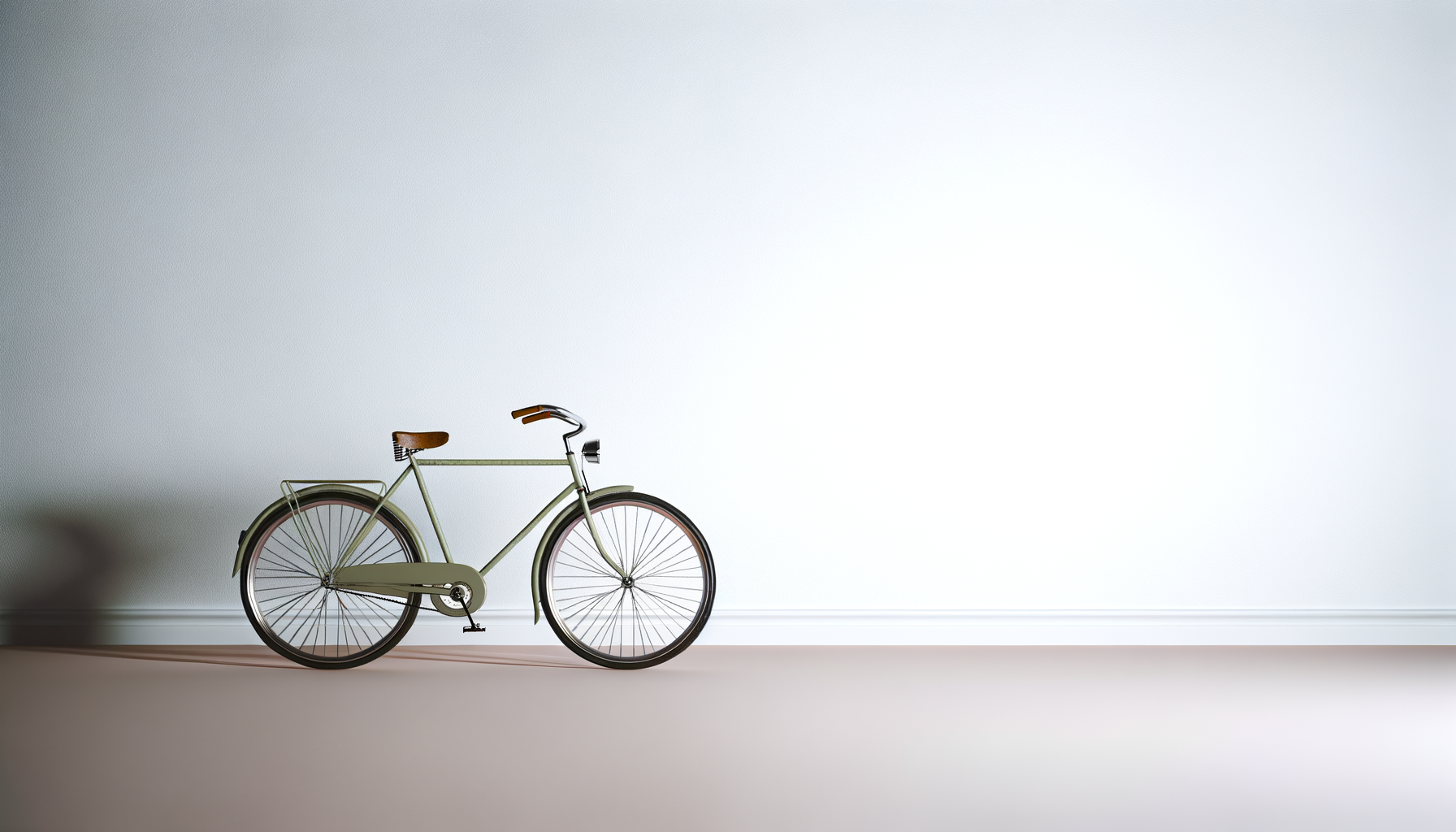A vintage-style bicycle with a brown leather seat and handlebars, positioned against a plain white wall, with a shadow cast on the wall.