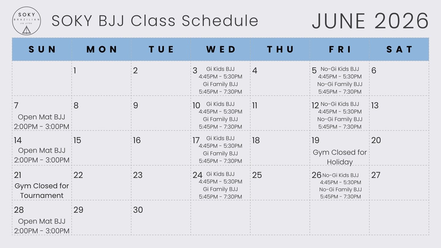 Our June schedule is officially here 👊

This month, SOKY Brazilian Jiu Jitsu will be offering:

&bull; Kids Gi Jiu Jitsu
&bull; Kids No-Gi Jiu Jitsu
&bull; Family Gi Classes
&bull; Family No-Gi Classes
&bull; Sunday Open Mats

We&rsquo;re building a