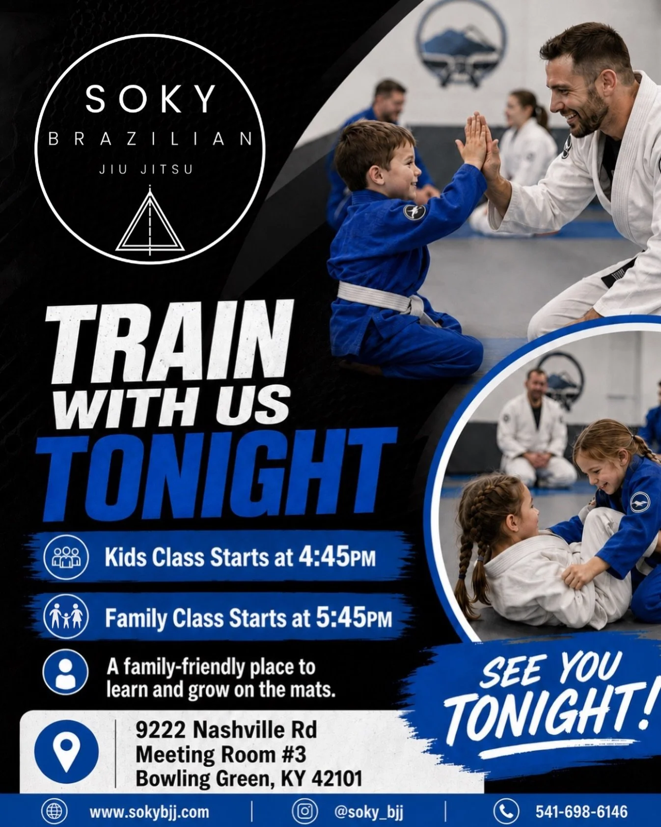 Kids Class starts at 4:45 PM and Family Class starts at 5:45 PM. 

Whether your child is brand new, your family wants to train together, or you&rsquo;ve been thinking about trying jiu jitsu, we&rsquo;d love to have you join us.

Come build confidence