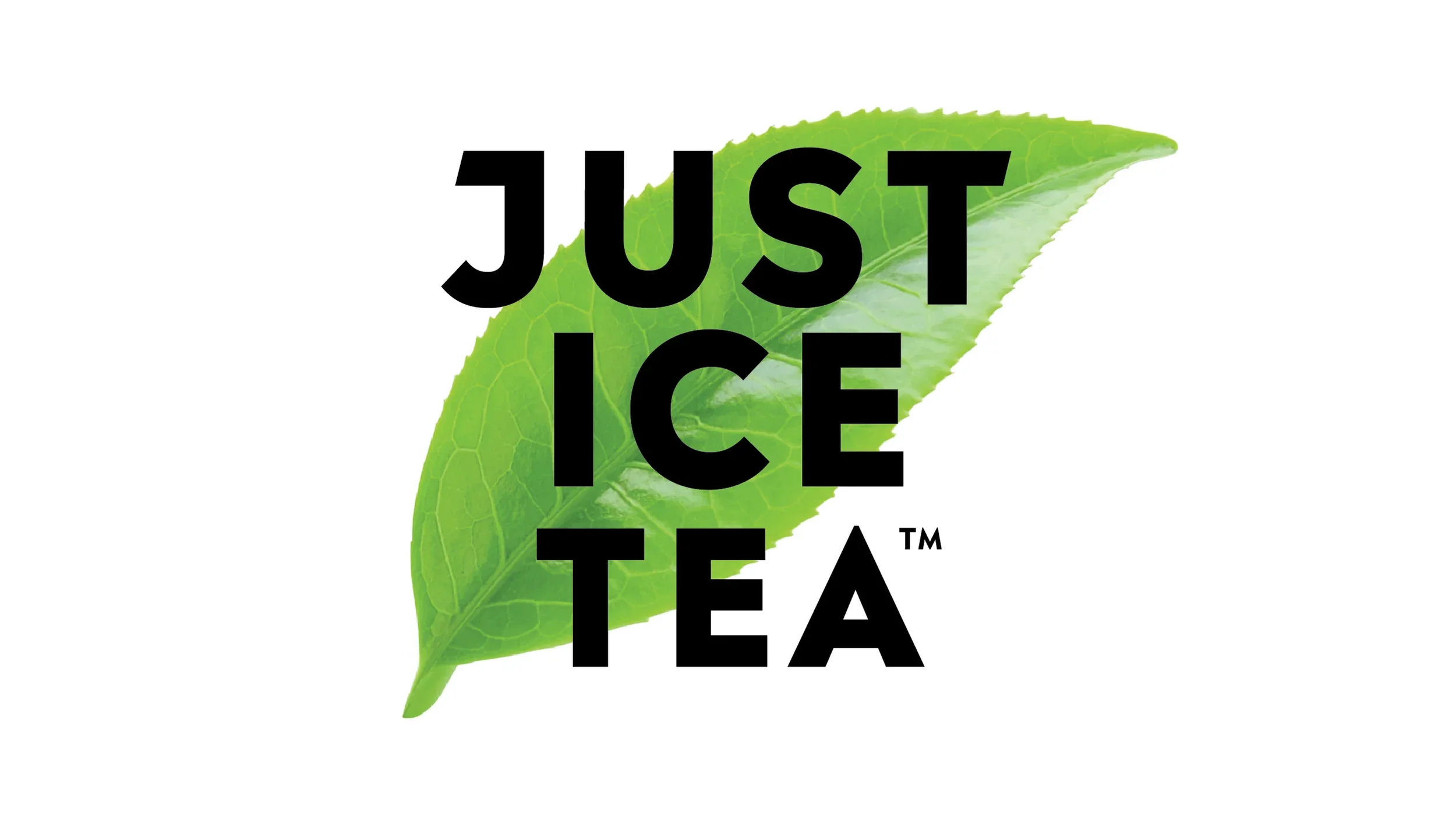A green tea leaf with black text overlay that reads 'Just Ice Tea'. This is the Just Ice Tea Logo