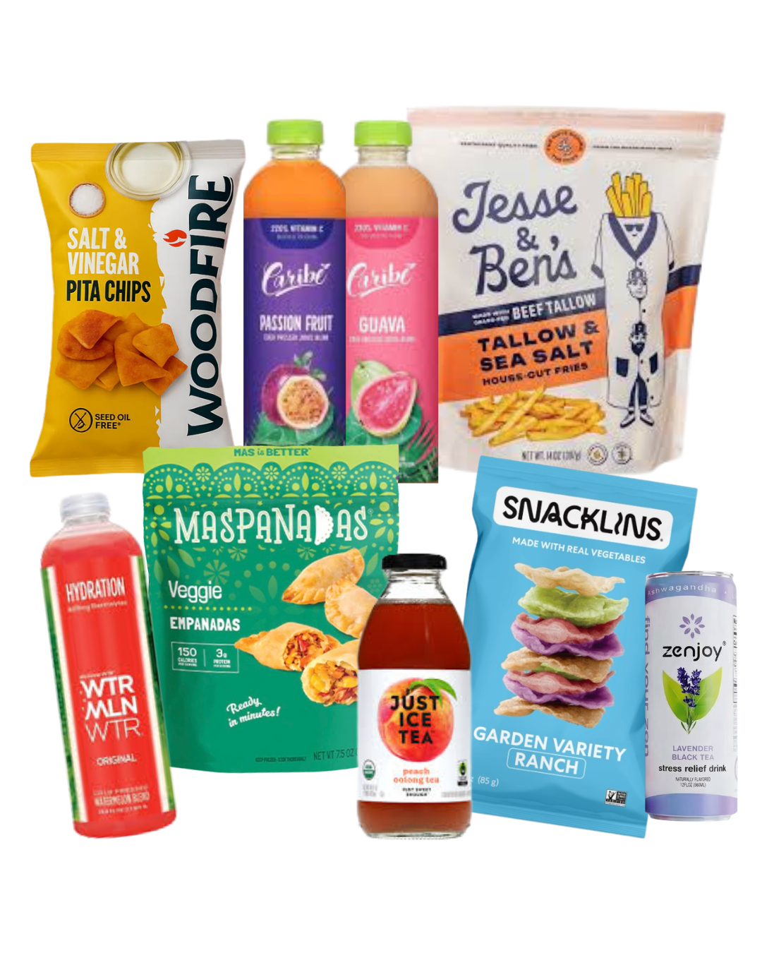 Assorted snacks and beverages including a bag of salt and vinegar pita chips, Caribbean passion fruit and guava drinks, a bag of Jess & Ben's beef tallow fries, a bag of Maspana veggie empanadas, a can of Zenjoy lavender black tea, a bottle of Just Ice Tea peach oolong tea, a Pack Snacklins garden variety ranch chips, and a can of WTRMLN WTR original watermelon water.