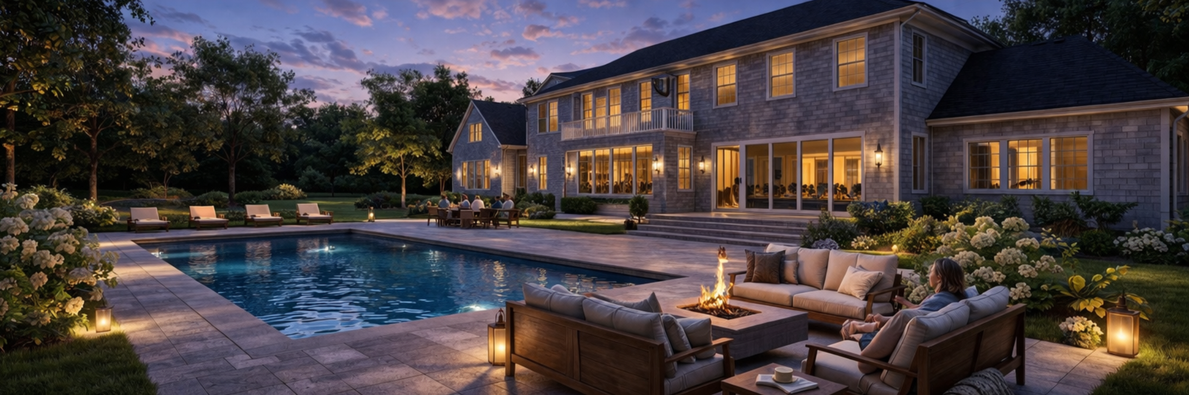 A backyard at dusk with a lit swimming pool, outdoor seating, and a two-story house with large windows glowing from inside, surrounded by lush trees and flowering bushes.